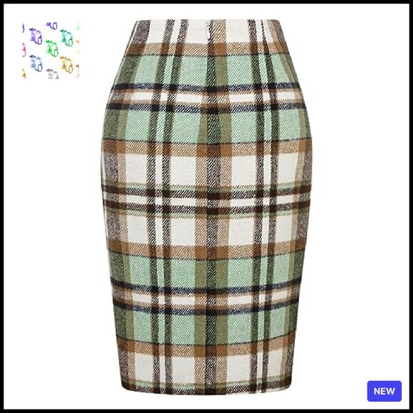 Knee Length Pencil Skirt Wool Plaid Slit High Waist Business Casual - Picture 4 of 8